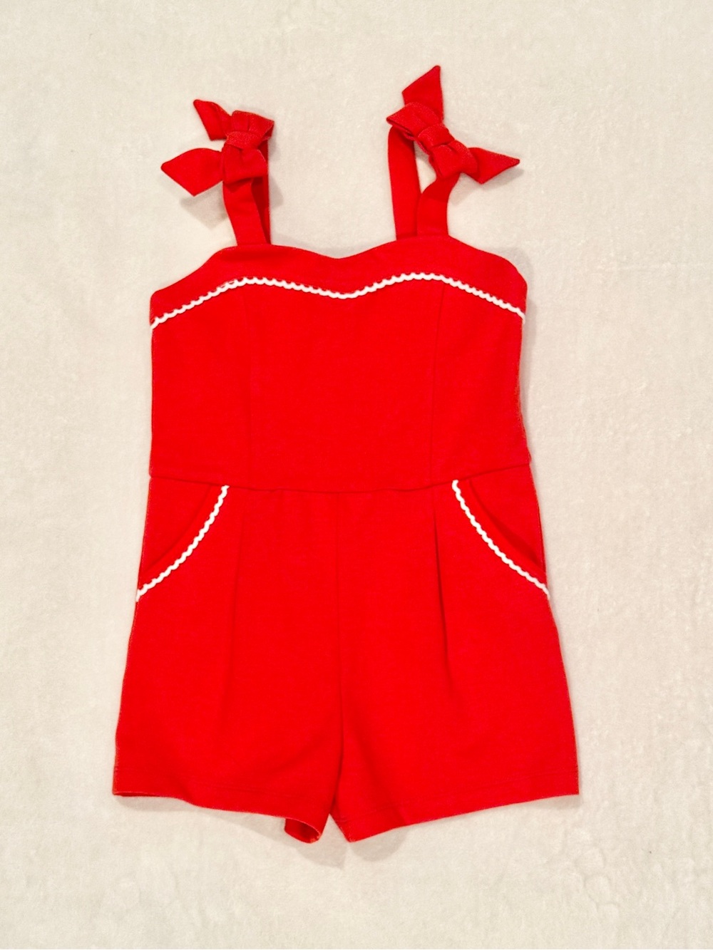 4T Janie and Jack Red Bow-Shoulder Romper with White Trim and pockets